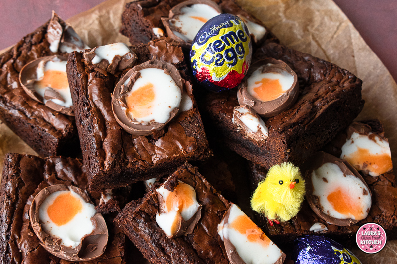 Easter brownies with creme eggs pressed into the top