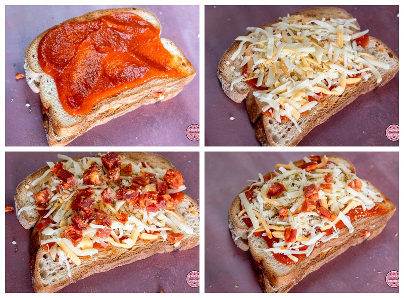 Gluten-free pizza toastie topped with melted cheese and chorizo cooked in the air fryer.